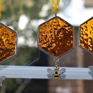 Stained Glass Honeycomb with Bumble Bee Charm Stained Glass Suncatcher Handmade in England