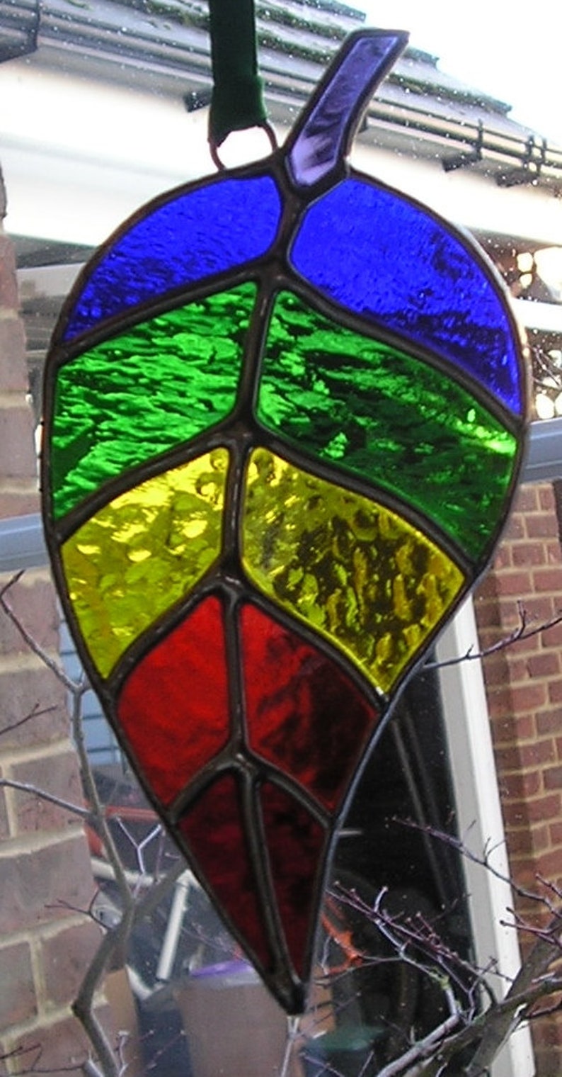 Large Stained Glass Rainbow Leaf Suncatcher Handmade in Etsy