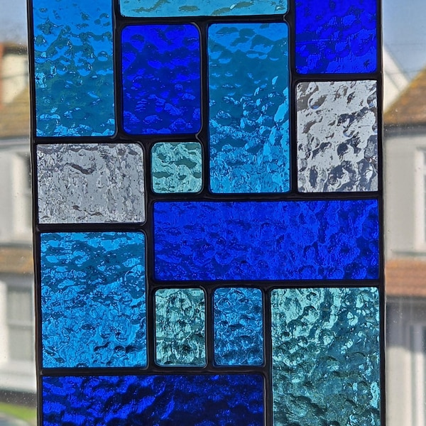 Stained Glass Abstract Geometric Panel Stained Glass Suncatcher in Shades of Blue Handmade in England