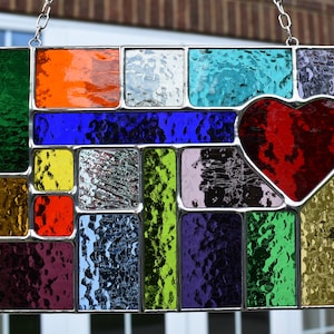 Stained Glass Rainbow Suncatcher Window Hanging Abstract Geometric Panel With Ruby Red Heart Hanging Panel Handmade in England