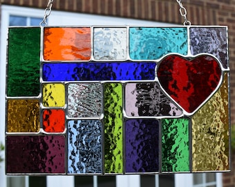 Stained Glass Rainbow Suncatcher Window Hanging Abstract Geometric Panel With Ruby Red Heart Hanging Panel Handmade in England