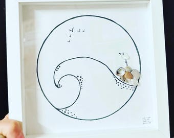 Wave - Sea Glass Art, Thinking of You Gift, Coastal Decor, 8x8 framed
