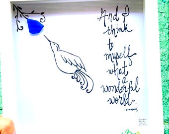 Hummingbird Sea Glass Art – World Lyric Framed Wall Decor (8x8 Inch)