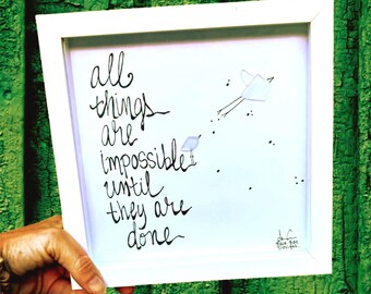 Graduation Sea Glass Art - Impossible Until Its Done - Office Classroom Decor, 8x8 framed