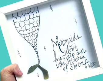 Mermaid vs Shrimp - Funny Sea Glass Art, new design 2026, 8x8 framed