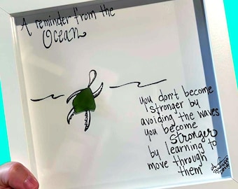 Determined Turtle - Sea Glass Art – Encouragement Gift, Coastal Shadow Box, 8x8 framed