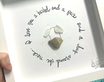 Sea Glass Bird Art - I Love You Bushel and Peck, Framed Valentine Gift