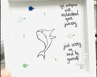 Shark Be Yourself - Sea Glass Art, Uplifting Encouragement Gift, Sea Life Decor, 8x8 framed