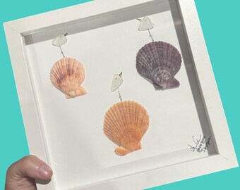 3 Birds on 3 Shells - Coastal Sea Glass Art, Beyond Words, 8x8 framed