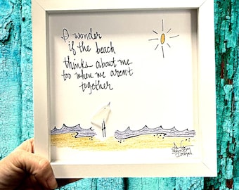 Sea Glass Bird Art - Coastal Beach House Decor, 8x8 Framed