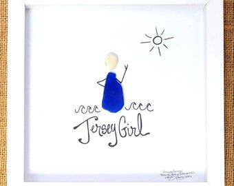 Sea Glass Art Jersey Girl: Inspirational Shadow Box, Beach art, 8x8 framed