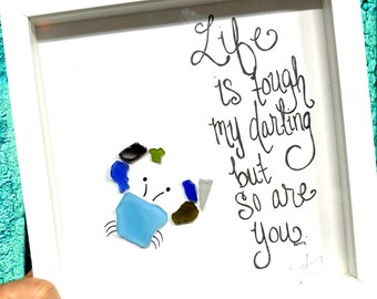 Tough Crab - Sea Glass Art, Encouragement Gift, Uplifting Sea Life Decor, 8x8 framed
