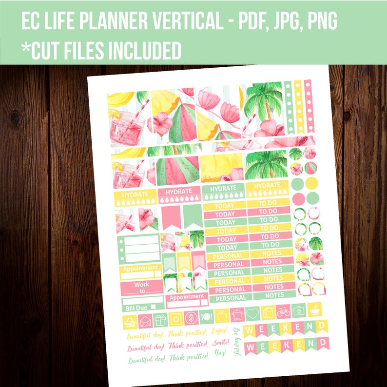 Erin Condren planner stickers, Summer vertical planner stickers, Weekly kit, Watercolor sticker, Printable planner STC035 image 2