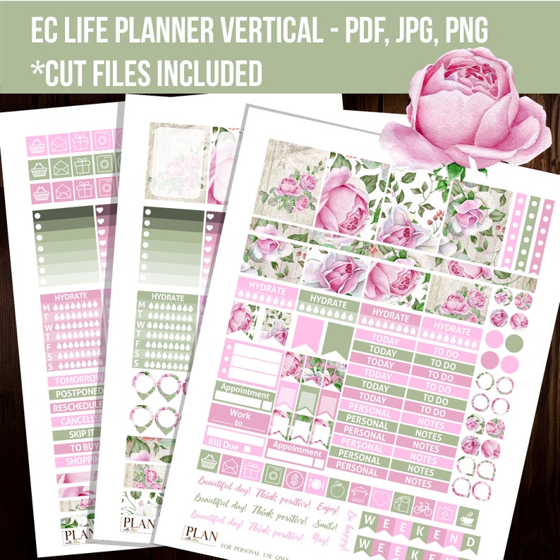 Printable Erin Condren planner stickers, Weekly kit, Cut files, Floral stickers, Fits Erin Condren vertical planner STV008 image 1