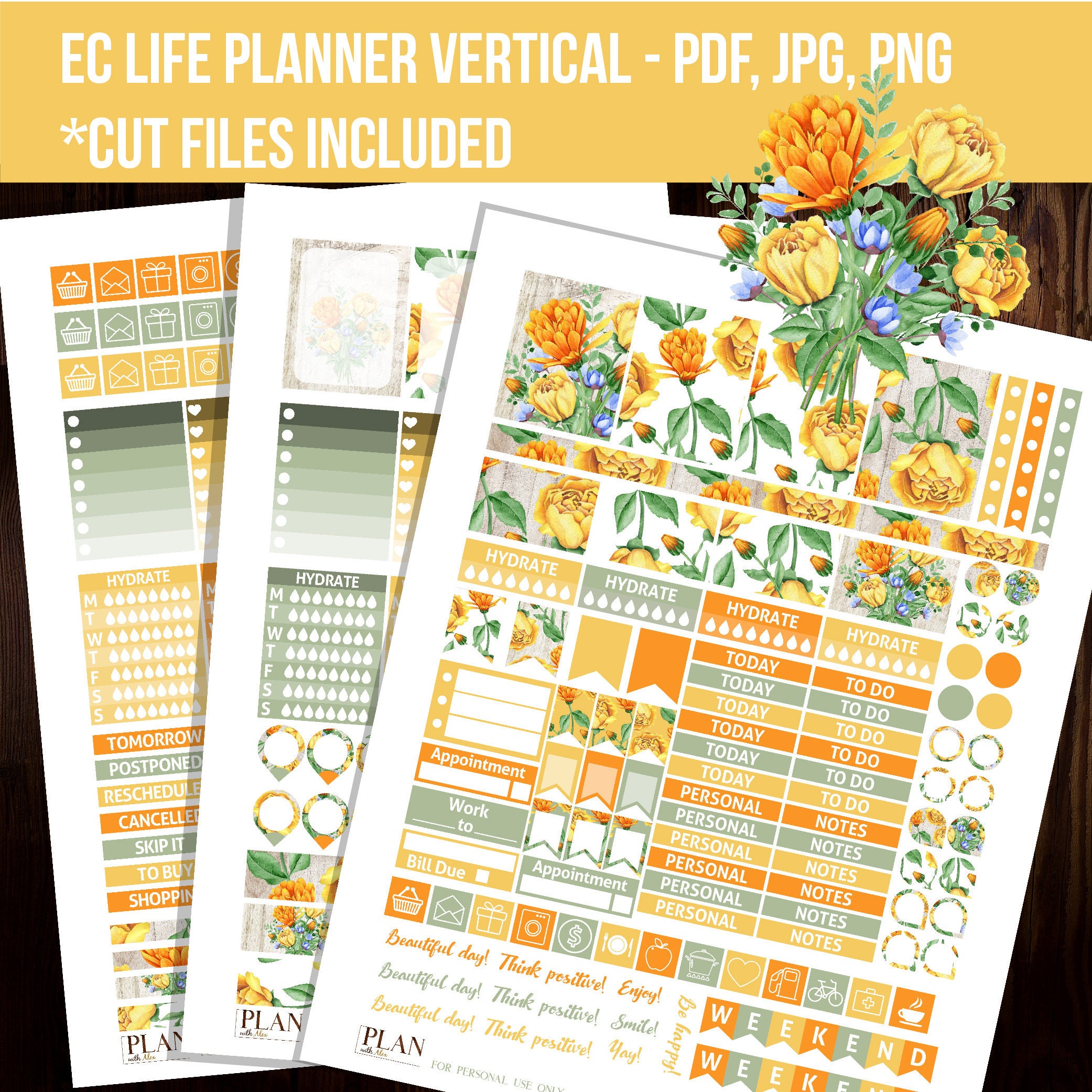 Yellow roses Blue print Printable Weekly Planner Stickers