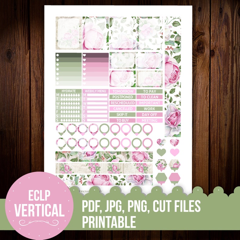 Printable Erin Condren planner stickers, Weekly kit, Cut files, Floral stickers, Fits Erin Condren vertical planner STV008 image 3