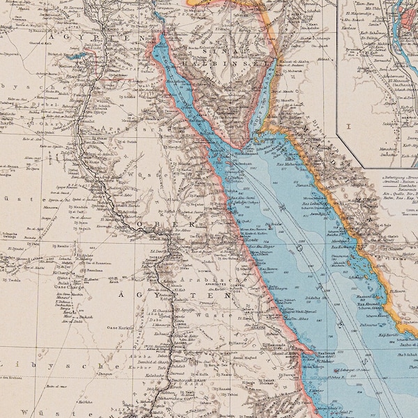 Map of Egypt and Sudan / Color map / Original / German World Atlas 1896 / Big / 11 x17.5 in