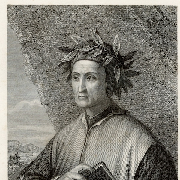 Dante Alighieri, Italian poet - VERY RARE - Original steel engraving "Imperial Dictionary of Universal Biography" 1884