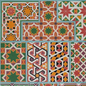 Grabado antiguo con motivos medievales, manuscritos, decoración de Racinet/adornos - EXQUISITA IMPRESIÓN RARA 1897, tamaño folio grande 16x11