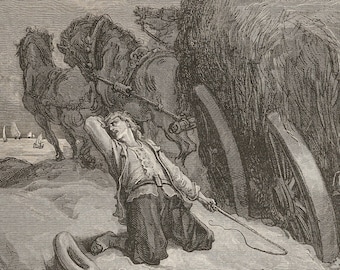 1868 The Carter Stuck in the Mud - Original woodcut from Fables de La Fontaine