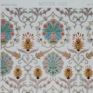 Grabado antiguo con motivos medievales, manuscritos, decoración de Racinet/adornos - EXQUISITA IMPRESIÓN RARA 1897, tamaño folio grande 16x11