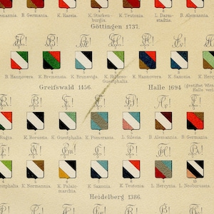 Badges of student associations II - Original color lithography from Meyers Lexikon 1897
