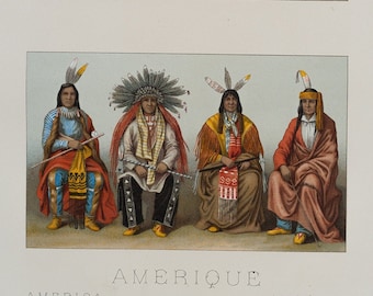 May include: Two rows of illustrations depicting Native American men in traditional clothing. The top row features six men wearing feathered headdresses, long coats, and trousers. The bottom row features three men wearing feathered headdresses, long coats, and trousers. The text "AMERIQUE" is printed below the illustrations.