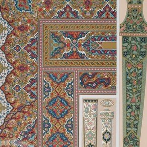 Grabado antiguo con motivos indo-persas. Manuscritos. Decoración de Racinet/adornos. Impreso en raras cantidades. 1897. Tamaño folio grande: 16 x 11 pulgadas.