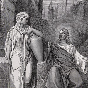 Jesus and the woman of Samaria - Original engraving from "The Dore Gallery" Edmund Ollier 1870