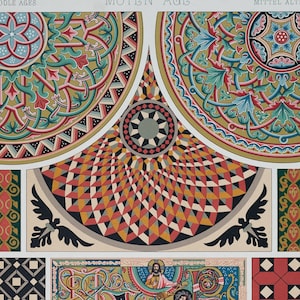 Grabado antiguo con motivos medievales, manuscritos, decoración de Racinet/adornos - EXQUISITA IMPRESIÓN RARA 1897, tamaño folio grande 16x11