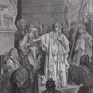 The Queen Vashti refusing to obey the command of Ahasuerus - Original engraving from &quot;The Dore Gallery&quot; Edmund Ollier 1870
