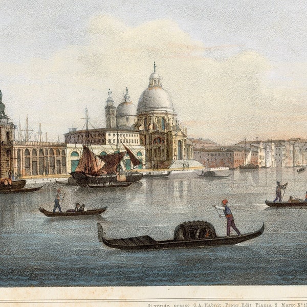 Grand Canal, Venice, Italy -  Hand Colored Lithograph Published C1845, Venice for "Vedute di Venezia" by Marco Moro