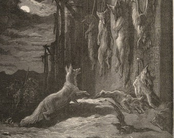 1868 The English Fox - Original woodcut from Fables de La Fontaine