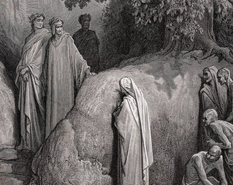 1800年代 ギュスターヴ・ドレ 木版画「レーテ川 マテルダとダンテ