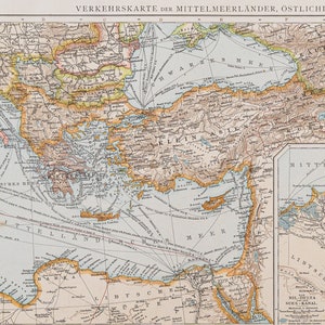 Verkehrskarte der mediterranen Länder / Farbkarte / Original / Deutscher Weltatlas 1896 / Groß / 11 x 44,5 cm