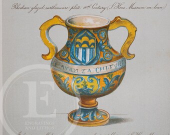 1891 . Majolica: Rhodian Earthenware Plate, Italian Earthenware Vase / Lithograph print from The National Encyclopaedia