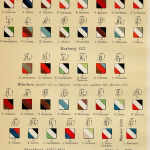 Badges of student associations IV - Original color lithography from Meyers Lexikon 1897