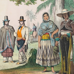 Mexicans in traditional clothes - VERY RARE - Original lithography out of &quot;Book of the World&quot;