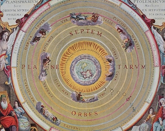 May include: A vintage illustration of the Ptolemaic system, a geocentric model of the universe, with the Earth at the center and the Sun, Moon, and planets orbiting around it. The illustration is surrounded by a circular frame with text in Latin, including the words "Planispharium" and "Ptolemaicvm."