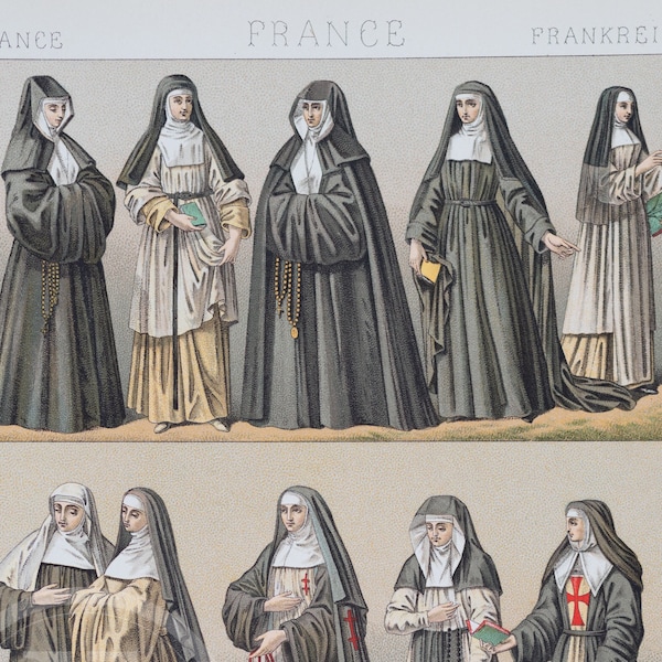 French Nuns Costumes by A.Racinet - EXQUISITE PRINT Color Lithograph 1888