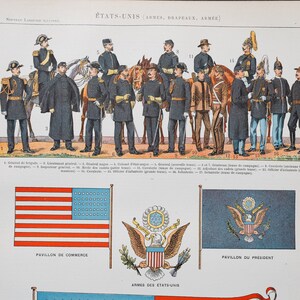United States Flags and Army: Brigadier, Lieutenant, Colonel,  from &quot;Le Noveau Larousse Illustré Edition&quot; - Original page.