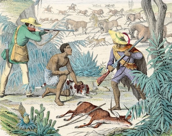 1852 Début de la guerre de Caffré - Très rare planche du « Livre du monde » Lithographie originale coloriée à la main, Impression ancienne originale