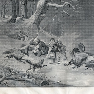 1852 Wilki na Węgrzech - Bardzo rzadka tablica z "Księgi Świata" Oryginalna rycina, Stary oryginalny wydruk