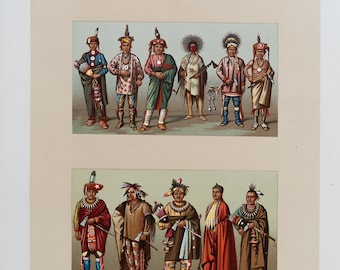 May include: An illustration of Native American men in traditional clothing. The men are standing in two rows, with the top row showing eight men and the bottom row showing six men. The men are wearing a variety of clothing, including feathered headdresses, beaded shirts, and leather trousers. The illustration is titled "AMERIQUE" and is from the "DEP. FERDINAND LUGT, 27 PARIS" collection.