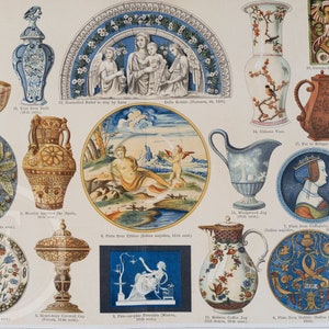 May include: A collection of ceramic plates, bowls, jugs, and vases with various designs and patterns. The designs include floral motifs, landscapes, and portraits. The ceramics are from different periods and styles, including Delftware, Italian maiolica, and English porcelain.