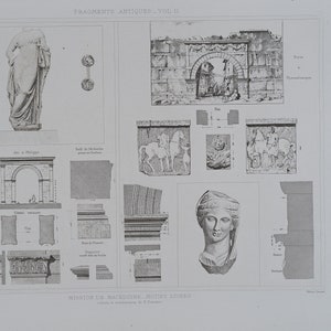 May include: Black and white engraving of architectural fragments from the ancient city of Pella in Macedonia, Greece. The image includes a statue of a woman, an archway, and various decorative elements. The text "MISSION DE MACEDOINE. MOTIFS DIVERS" is printed at the bottom of the image.