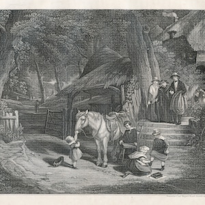 1852 Niedzielny poranek, życie na wsi - Bardzo rzadka tablica z "Księgi Świata" Oryginalna rycina, Stary oryginalny wydruk