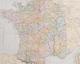 Stampa di mappa della Francia del XIX secolo, dipartimenti, arte murale antica (originale)
