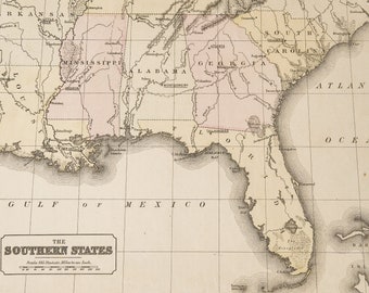 ORIGINAL Print RARE / The Southern States - USA 1800s /