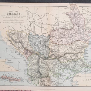 ORIGINAL Print RARE /European Turkey (Rumania, Serbia, Montenegro, Bulgaria) Antique Map - 19th century